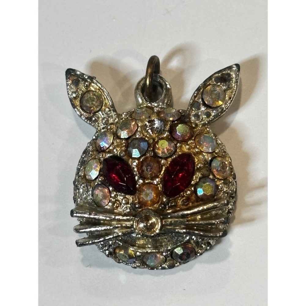 Vintage Rabbit Bunny Face Pendant AB Rhinestones Gold Tone Missing Stone